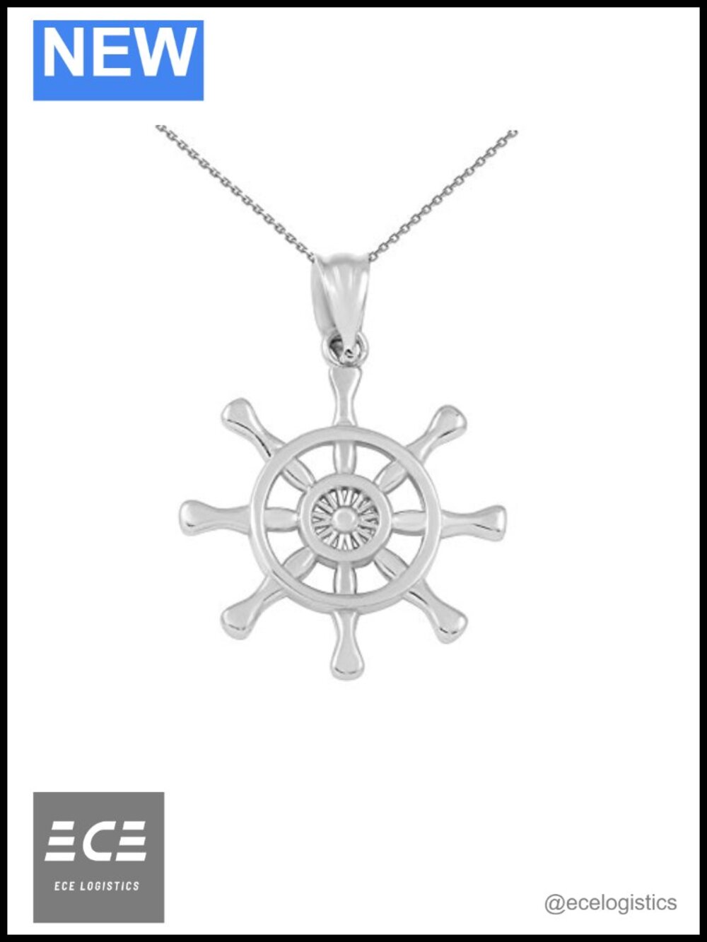 925 Sterling Silver Nautical Ship Steering Wheel Pendant Necklace